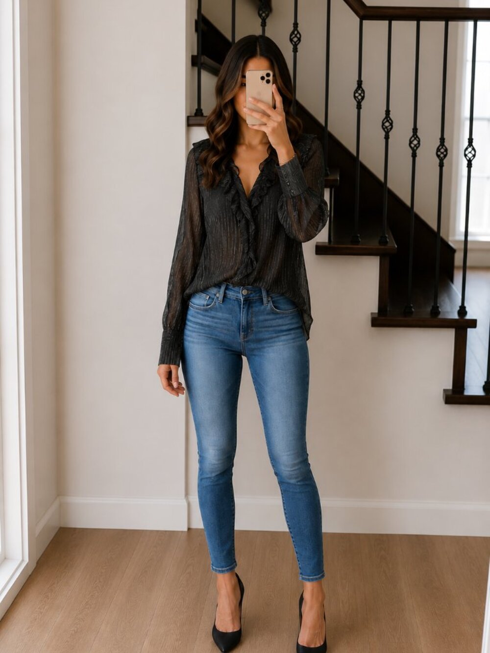 IRO Camer Black Sheer Ruffle Long Sleeve Blouse